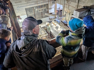 US Army Corps tour guide and students looking over the railing in the fish hatchery to see the sorting area for adult steelhead.